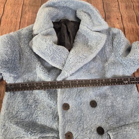 Zara Teddy Coat Womens S Blue Double Breasted Mid Length Faux Pockets Faux Fur - Picture 3 of 10